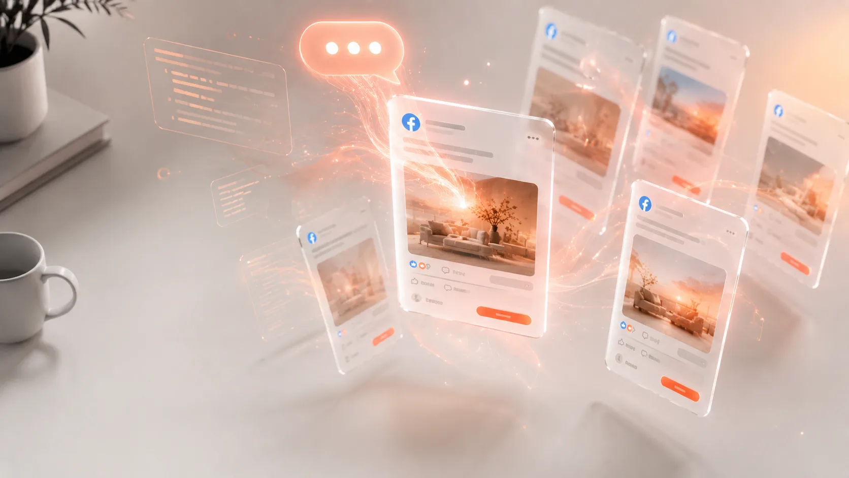 ChatGPT prompts for Facebook ads: three layered translucent cards showing chat-bubble icons above Facebook ad mockups with coral CTA buttons, illustrating the 15-prompt library